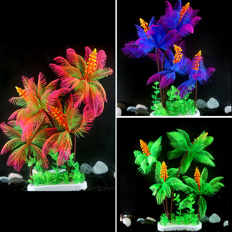 Pecera paisaje árbol de coco acuario decoración paquete modelo decoración pequeña árbol de coco simulación plantas acuáticas plástico flor verde