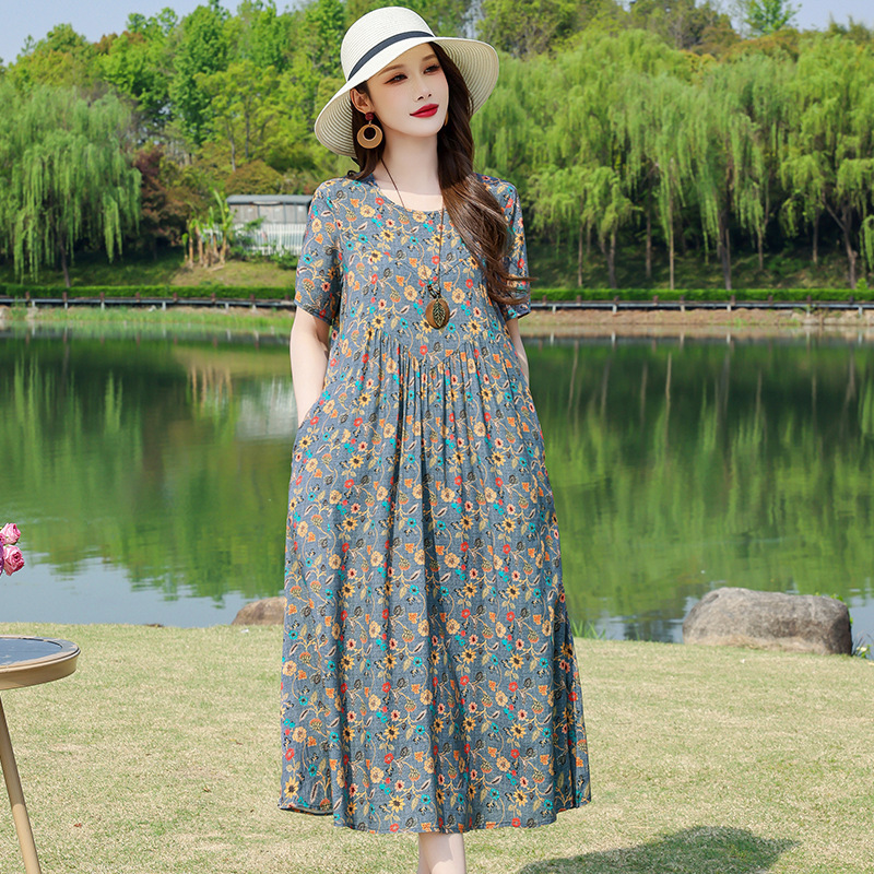 新しい夏のハイエンドコットンシルクドレス女性のミッドレングスファッショナブルなアウターウェア人工綿花柄コットンシルクスカート|undefined