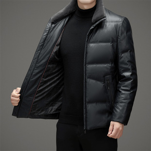 Removable Fur Collar Young Men's down Jacket Young and Middle-Aged Men's Loose Leather Warm Jacket Lapel down Jacket
