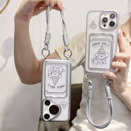 线条礼帽小狗卡包手机壳带挂绳适用iphone16promax苹果15保护套女