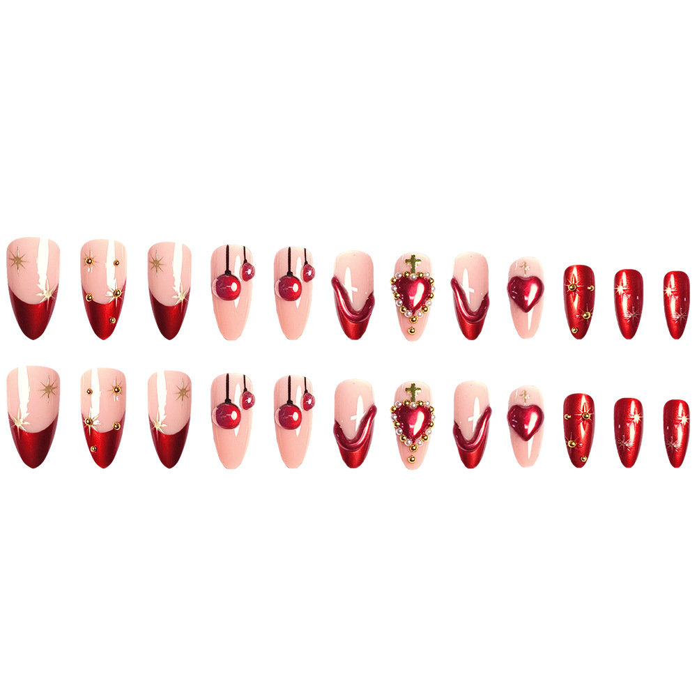 Corazón santo, diamante rojo, cereza, cruz de uñas, comercio exterior, lujo exquisito, 24 piezas de parche de uñas.