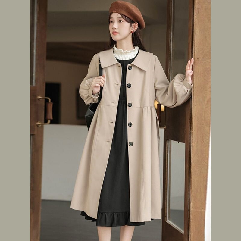 Elegant and stylish khaki buttoned puff-sleeve trench coat with a turn-down collar for petite women, new autumn and winter loose-fitting coat Elegant and stylish khaki buttoned puff-sleeve trench coat with a turn-down collar for petite women, new autumn and winter loose-fitting coat