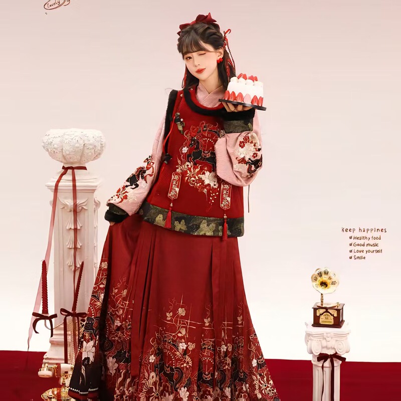 Original Ming-Style Autumn and Winter Hanfu for Women [Horse Trampling Flower Branch] New New Year Outfit with Horse Face Skirt for Winter Daily Commuting Set