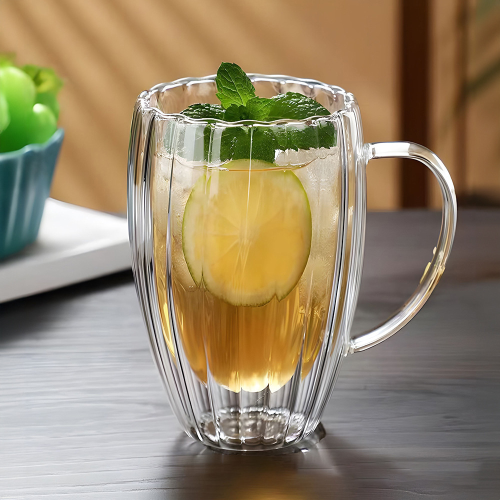 Taza de vidrio de alta borosilicona transparente con mango creativo de alta temperatura resistente a la taza de café
