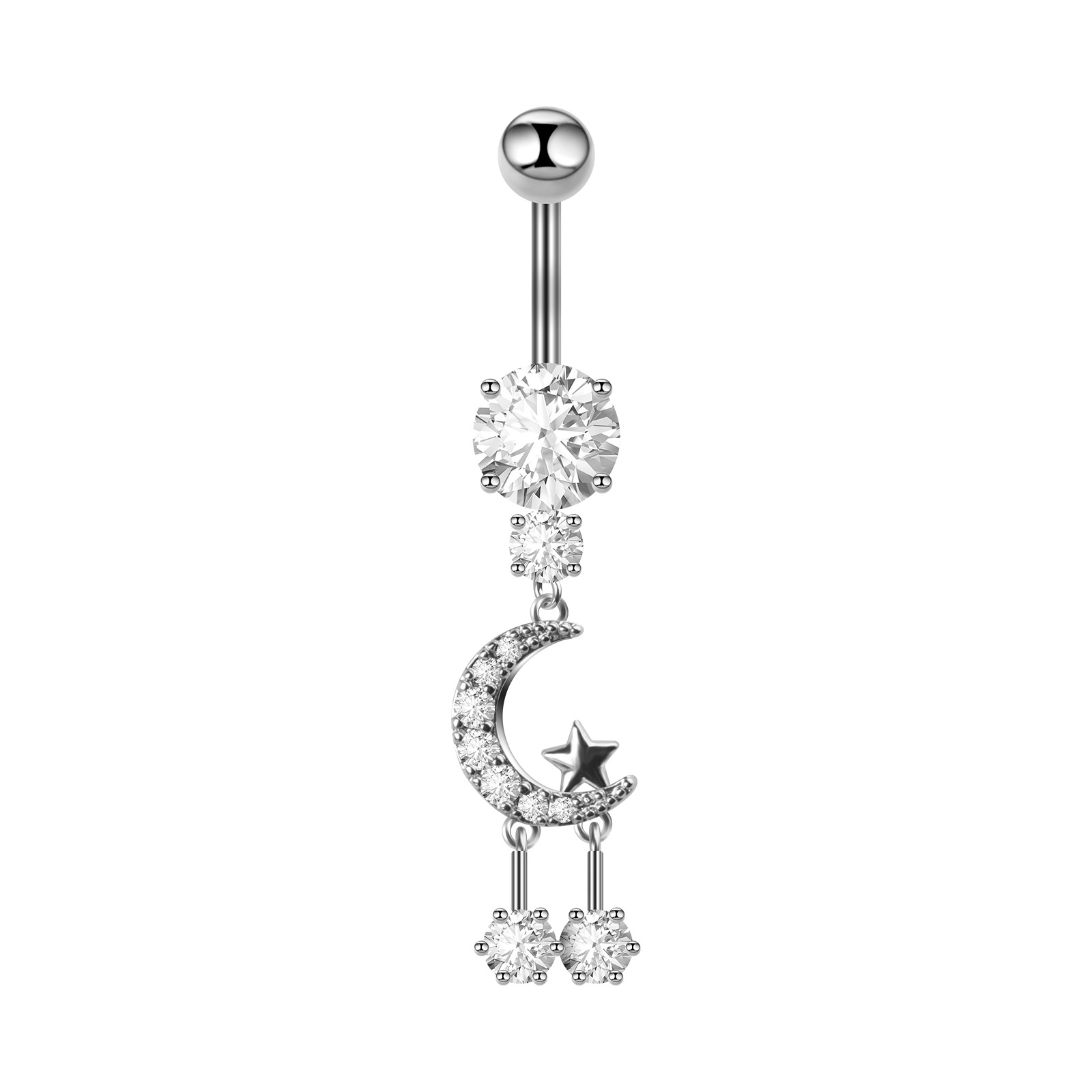 Fashion New European And Cross-border Style Simple Stainless Steel Moon Zircon Navel Ring With Diamond-studded Easy To Wear_voghion.com