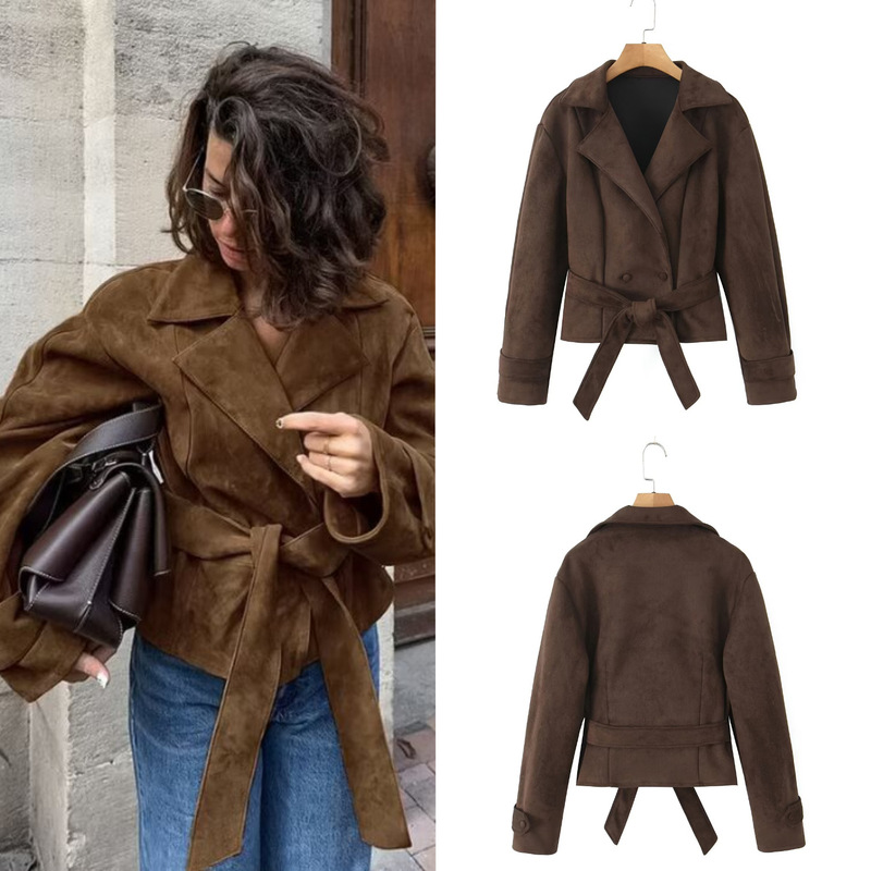 Trendy Versatile Blazer with a Suit Collar and Double-Breasted Design in Suede, Popular on Foreign Trade Platforms Like Amazon and Aliexpress