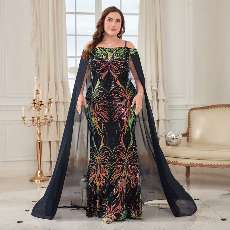 Off-The-Shoulder Cape with Long Flowing Sleeves, Floral Sequins, Bodycon Dress, Elegant and Fashionable Evening Gown for Parties and Runway Shows