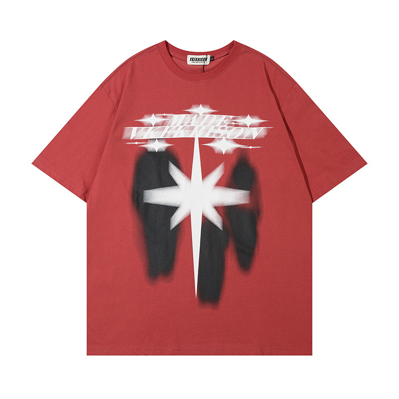 YPRS personaje de ciencia ficción de los hombres estrella de seis puntas patrón impreso American Street personalidad nicho par desgaste ins manga corta T