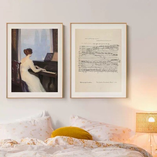 Chopin piano sheet music framed decoration painting girl's piano room music classroom wall art nostalgic vintage manuscript artistic