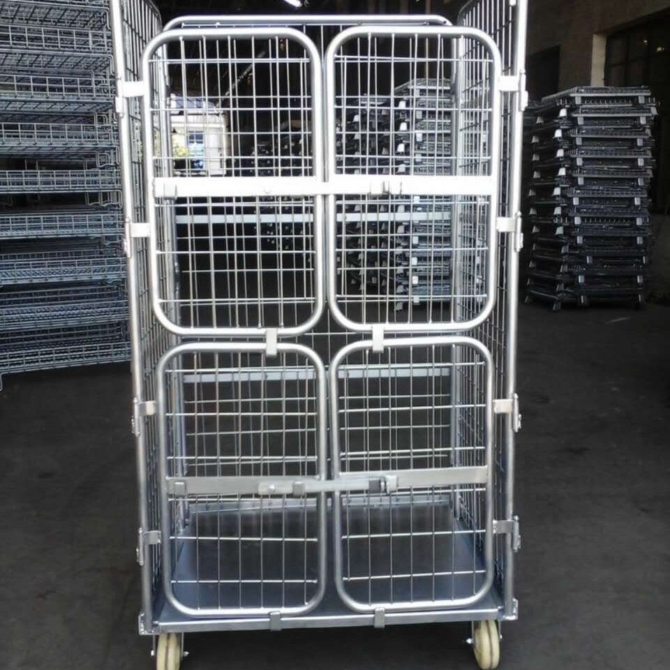 供应 可折叠双开门物流笼车带轮推车配层板配盖物流台车 铁架推框