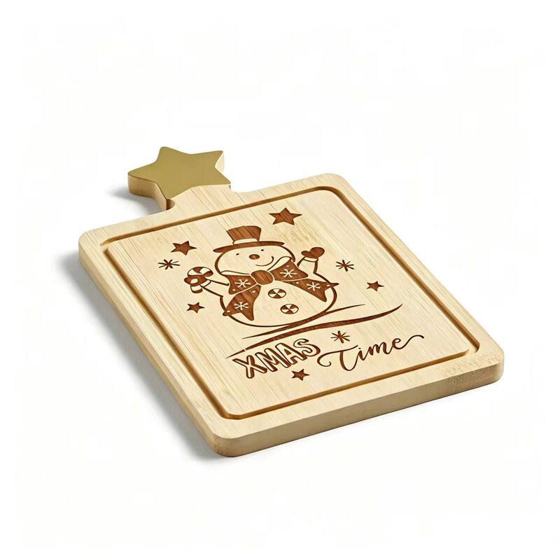 Bamboo Christmas-Themed Dinner Plate, Cute Snowman Laser-Engraved Tray, Home-Use Holiday Atmosphere Dessert Tray