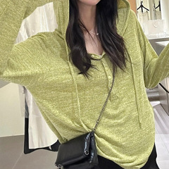 2025秋季韩系彩棉连帽女休闲针织半开襟长袖罩衫