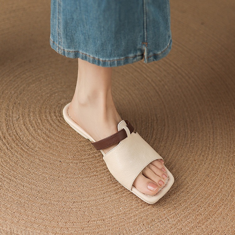 Dép sandal nữ xỏ ngón đế bệt phối màu hở mũi thời trang — màu trắng ngà, màu mơ