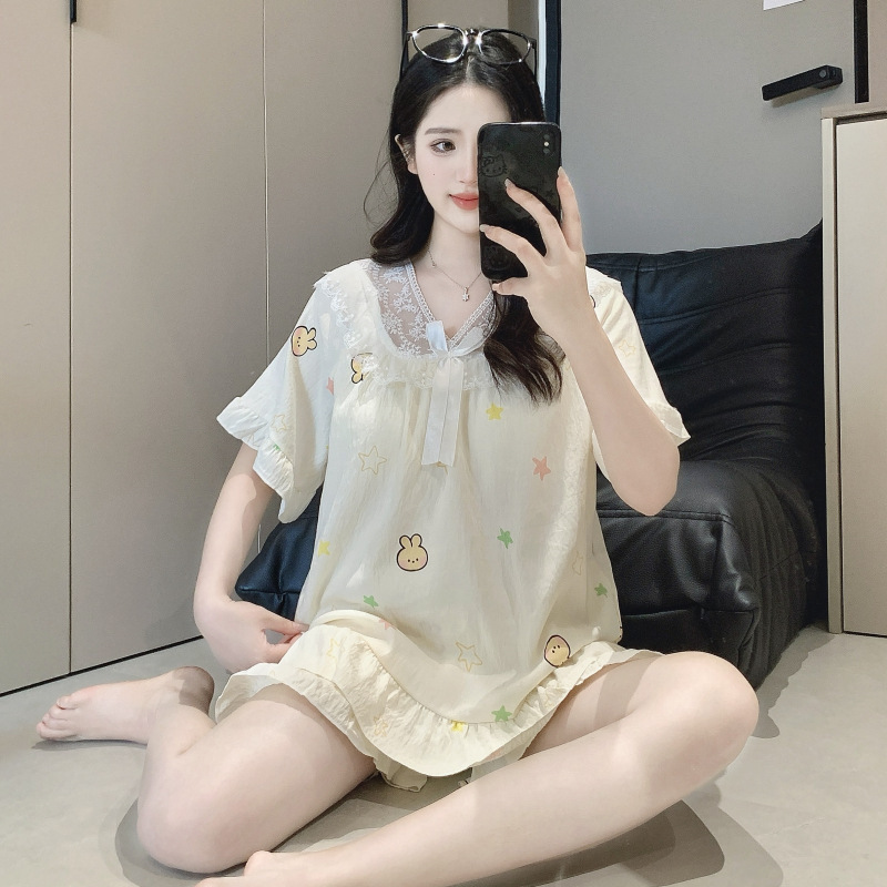 Women's Pajamas with Chest Pads, Summer Cloud Cotton Sweet Girls' Home Wear Set, Student Printed Pajamas That Can Be Worn Outside Women's Pajamas with Chest Pads, Summer Cloud Cotton Sweet Girls' Home Wear Set, Student Printed Pajamas That Can Be Worn Outside