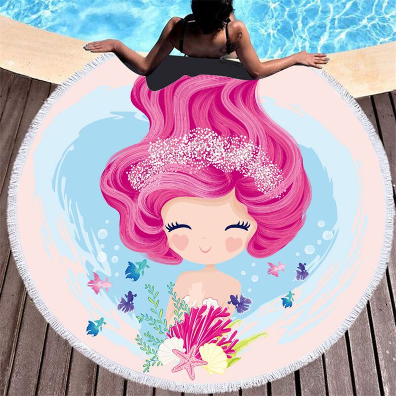 Amazon Hot Sale Microfiber Cute Mermaid Beach Towel Large Diameter Round Beach Bath Towel with Tassel