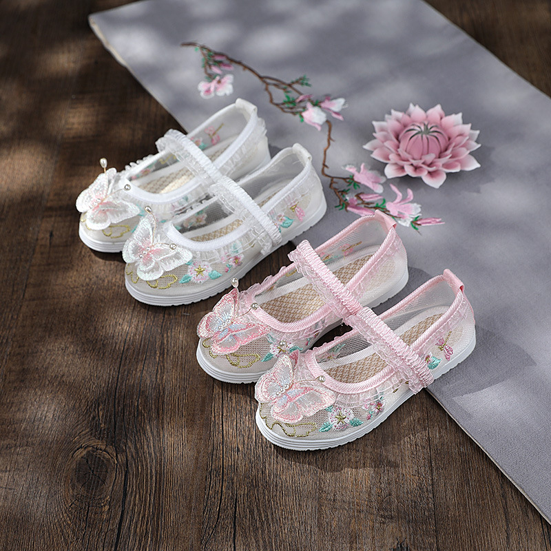 夏季新款女童繡花鞋鏤空網鞋民族風兒童漢服鞋蝴蝶刺繡公主款童鞋