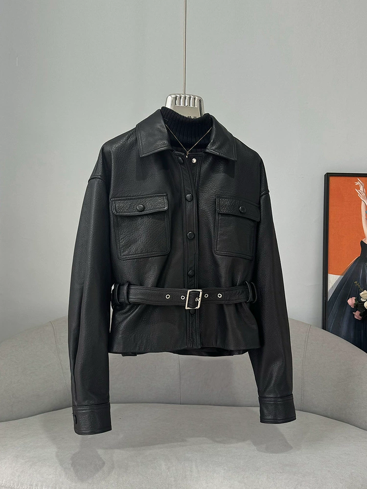 Куртка кожаная motorcycle женская короткая с кожи литиPattern овечьья кожа, талия slim, весна новый стиль