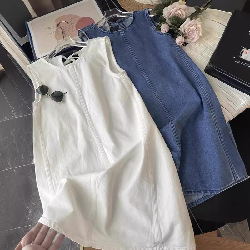 Nordic style ~ wood giant 890 leisure version boat collar stitching tannin sleeveless Denim dress women's summer new