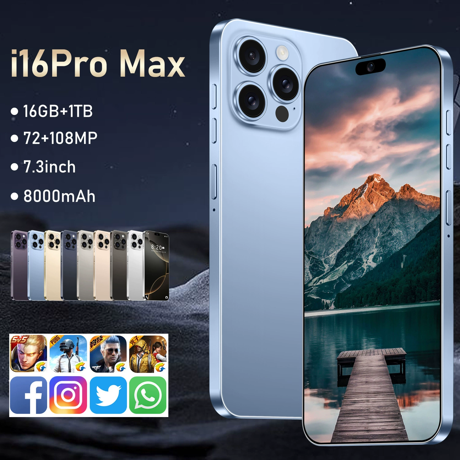 Smartphone i16 Pro Max, intel core i16, 16 GB RAM, 7.3" wide screen, Android 13