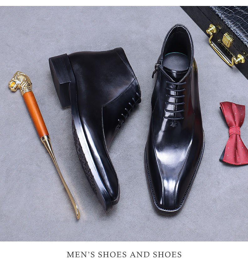 Kožené boty Velkoobchodní továrna Britské martinské boty Pravá kůže Módní společenské boty Špičatá špička Zip Vysoké kožené boty Kotníkové boty_voghion.com