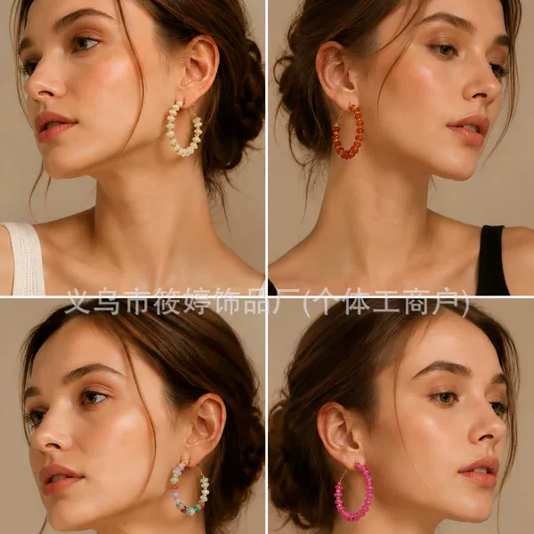 European and American cross-border Bohemian geometric acrylic round flat abacus bead large C-shaped exaggerated hoop earrings for women