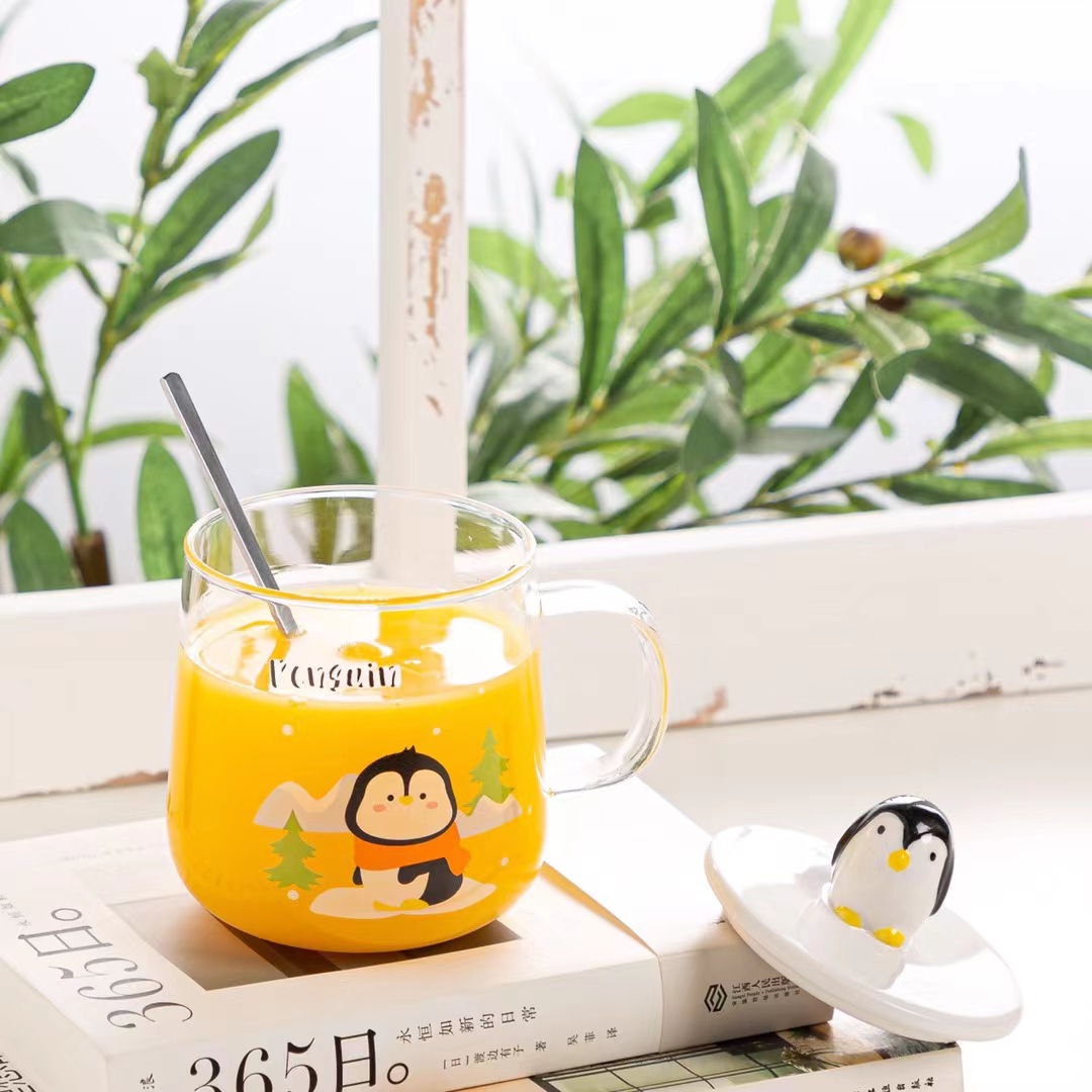 Dibujos Animados lindo 3D pingüino taza de cristal con tapa cuchara limón Corea Oficina beber
