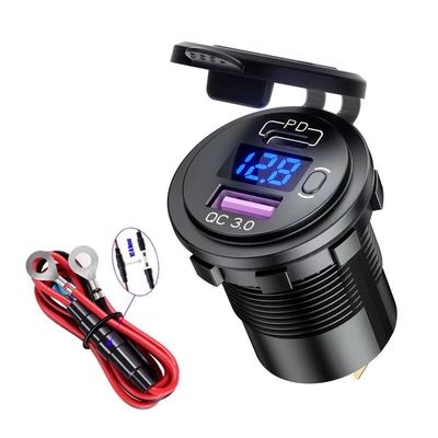 Mobil şarj cihazları, Car Charger with Voltage Meter - qc30pd-fast-chargeonoff-keydigital-display-blue1m-cable