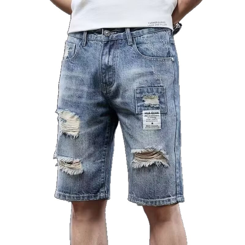 Men's Casual Ripped Denim Shorts Summer Thin Outerwear Ins Trendy Versatile Loose Straight Men's Shorts