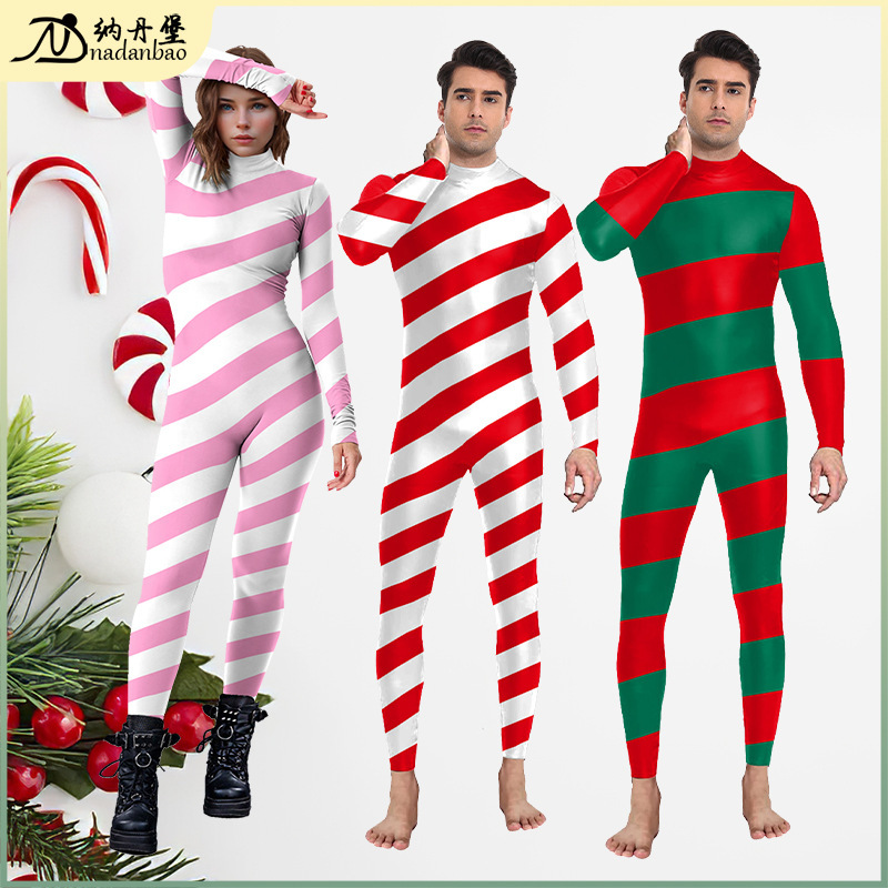 Christmas Costumes European and American Stage Bodysuits Performance Clothes Christmas Candy Stripes Digital Printing Adult Jumpsuits