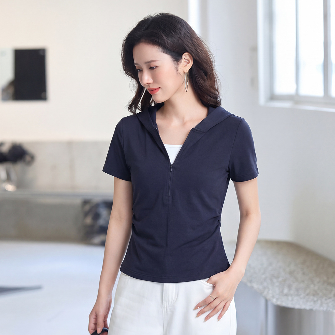 Hooded T-Shirt with a Faux Two-Piece Design, Versatile Korean Style, Pleated to Hide Imperfections, Slimming Effect, Cotton Women's Top, Simple Style T008