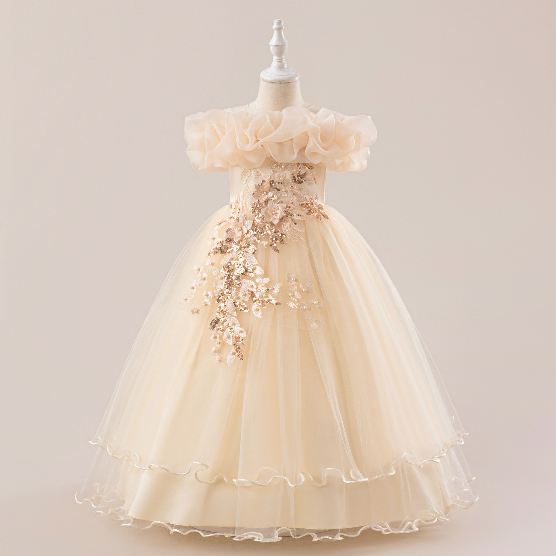 Europa y América vestidos de niñas nuevos vestidos de boda de hombro de flores de cuentas de niños vestidos de princesa vestidos de fiesta de niñas