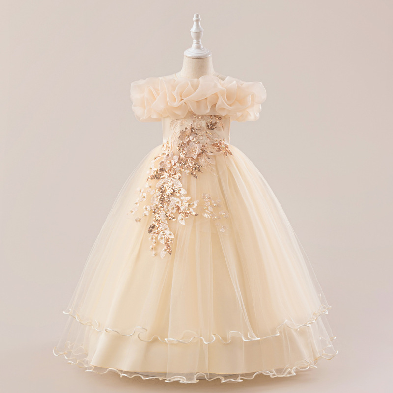European and American Girl's Dress New Children's Beaded Flower Shoulder Wedding Dress Princess Dress Little Girl's Stage Party Dress European and American Girl's Dress New Children's Beaded Flower Shoulder Wedding Dress Princess Dress Little Girl's Stage Party Dress