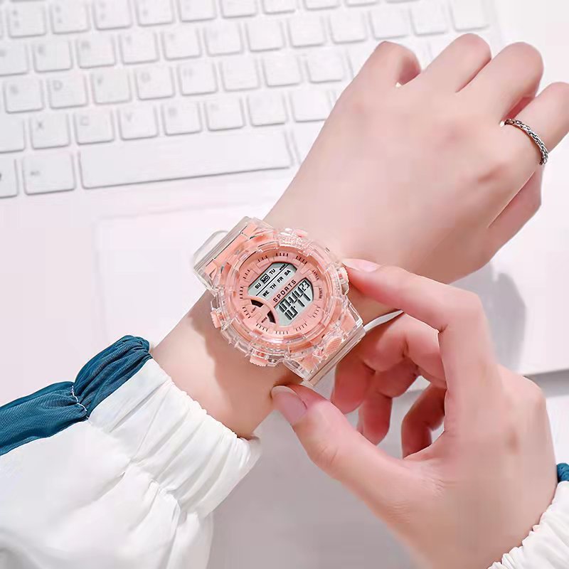 592 Fully Transparent Electronic Watch Men and Women Primary and Secondary School Matcha Green Multifunctional Sports Waterproof Ins Watch Wholesale