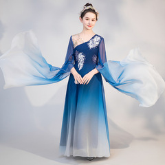 Children's Blue Guzheng Costume 2025 for Older Girls, Guzheng Competition Dress, Chinese Style Stage Costume for Students, Art Exam Performance Wear