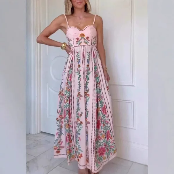 Cross-Border Independent Station 2025 New European and American Sexy Decorative Bead Suspender Positioning Printed Holiday Dress for Women