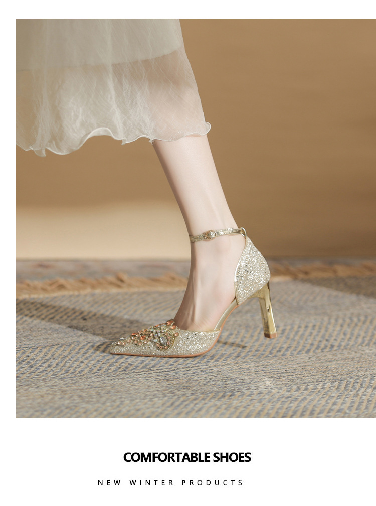 Giày sandal cao gót nữ quai ngang mũi nhọn gót nhọn mùa xuân thu 2024 — Màu Sâm panh chi tiết 9