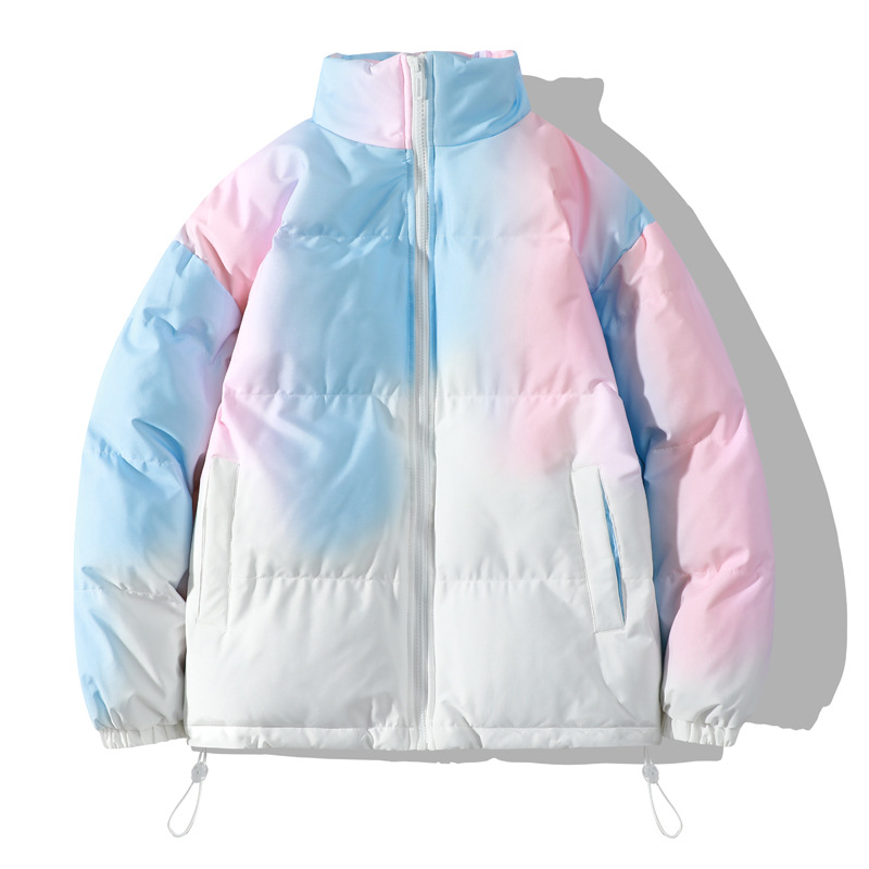 Down for men, winter gradient stand up collar thick cotton ja, plus size color blocked couple loose fitting bread_voghion.com