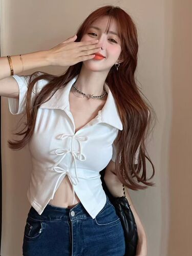 Pure desire sweet and spicy bow polo-neck short-sleeved t-shirt women's summer design niche French short shoulder top