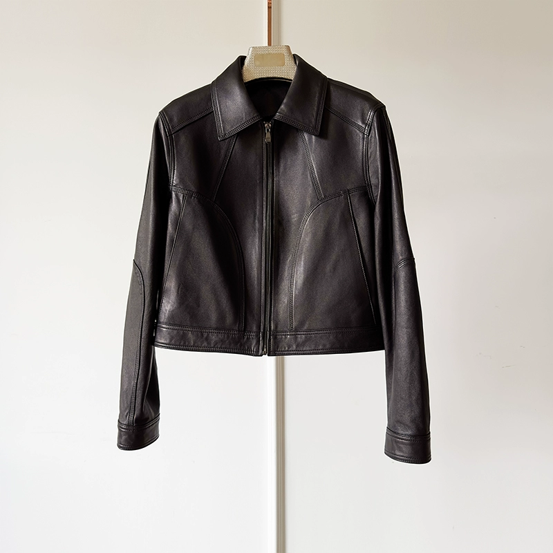 Женская кожаная куртка европейского genu ine leather короткая весна 2026 новая овчина Slim универсальная куртка с воротником лацканом