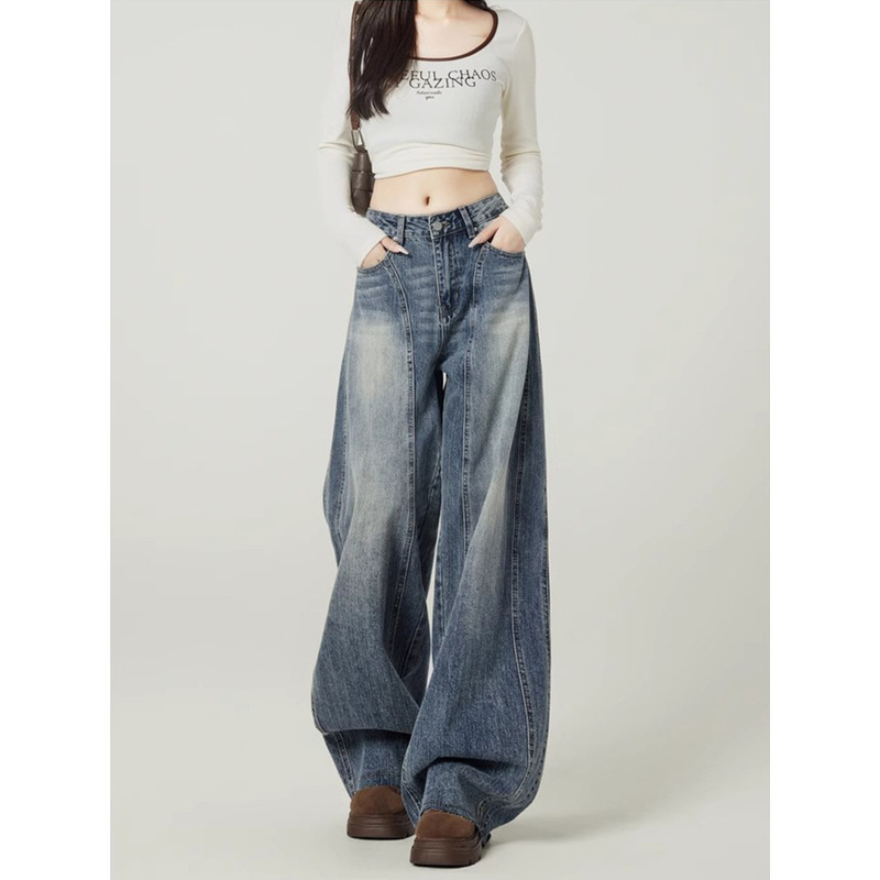 Vintage Blue High Street Loose Wide Leg Jeans Women's Spring 2025 American Style Design High Waist Dape Scimitar Pants