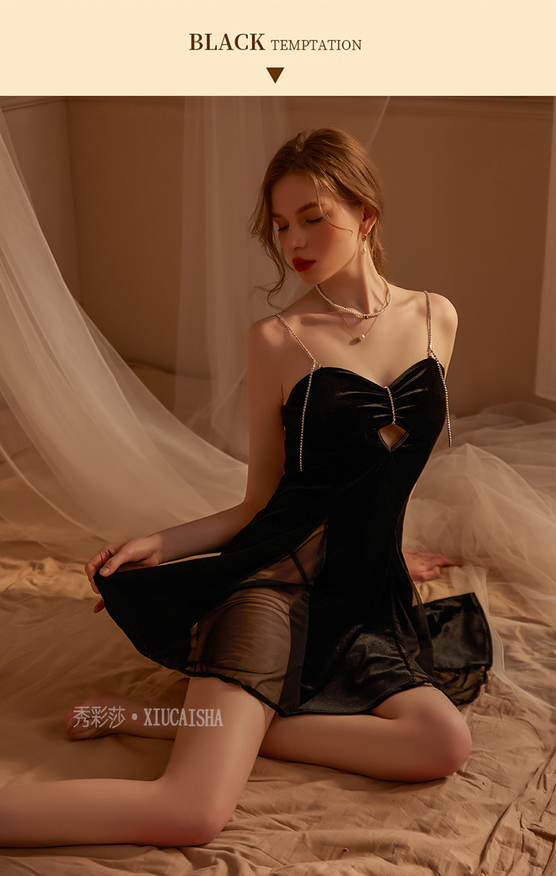 Red Velvet-Feel Sling Nightgown with Rhinestone Detail, One Size, Roleplay Lingerie — detail image 16