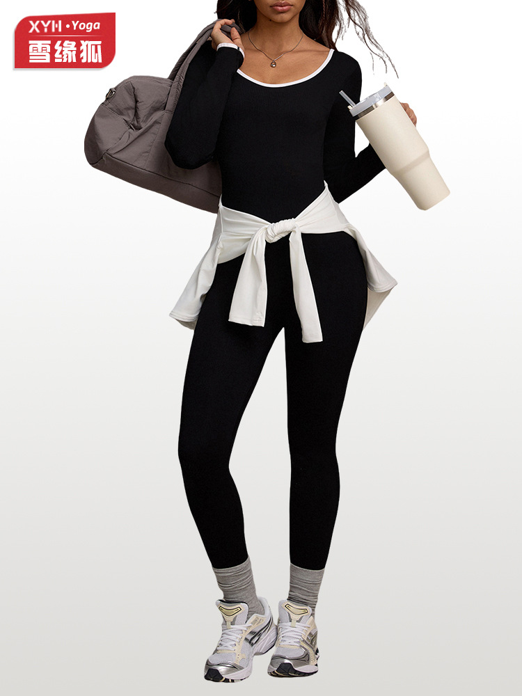 Europa y los Estados Unidos de color contrastante hermosa espalda manga larga ropa de yoga para mujeres al aire libre delgada abdomen corren deportes elevar las caderas pantalones de unidad