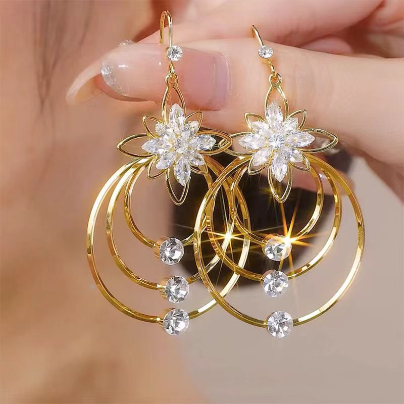 Capacious earrings with zircon, Korean style, flowered, internet celebrity