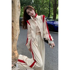 2025秋新款设计感撞色拼接拉链短款外套高腰显瘦阔腿裤三件套装女