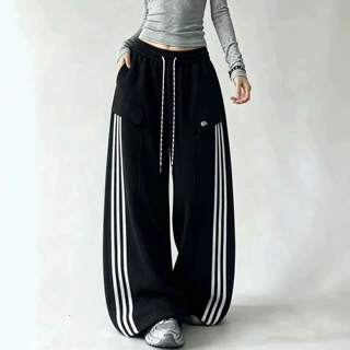 太空棉阔腿裤女秋冬新款抽绳三条杠直筒运动裤高腰显瘦宽松休闲裤