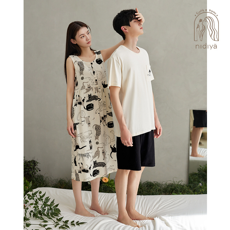 Nidia 새로운 여름 커플 얇은 잠옷 여성의 순수한면 느슨한 조끼 남자 아웃웨어 홈 옷
