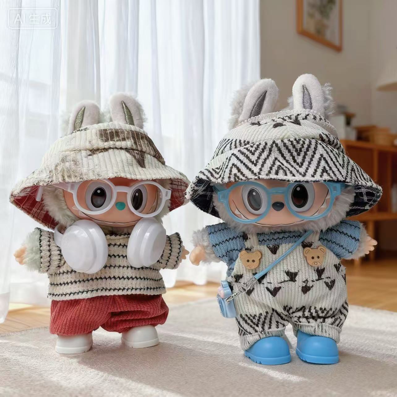 Solo las muñecas de 17cm labubu auriculares, gafas y zapatos envueltos en un paquete completo de reemplazo con ropa de primera, segunda y tercera generación labubu