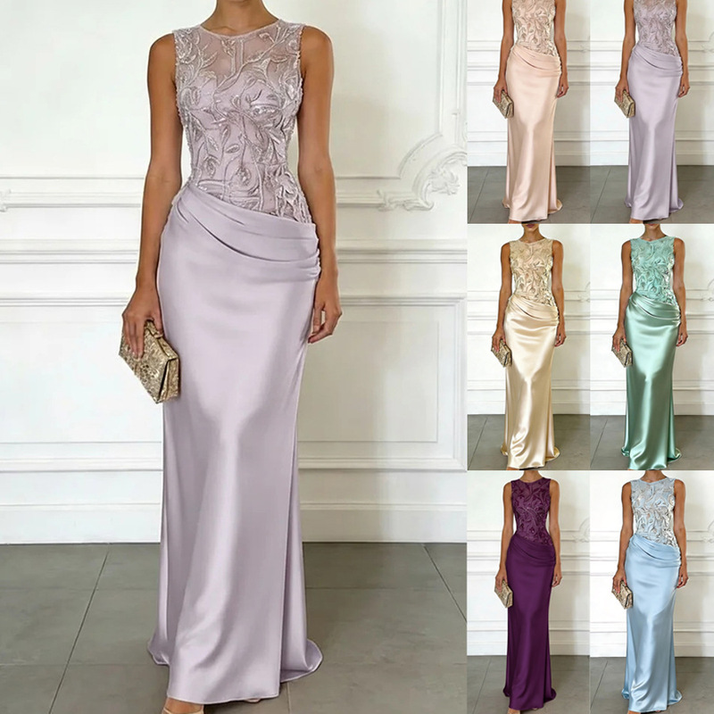 Cross-Border 2026 European and American Spring/Summer New Style Sleeveless Patchwork Satin Dress Ins Casual Party Women's Dress