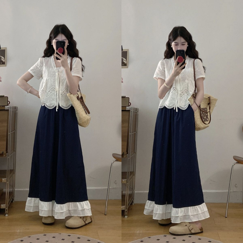 大码森系气质镂空白色小衫阔腿裤套装女巨好看的一整套夏装两件套|undefined