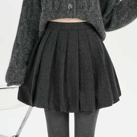 秋冬新款韩系辣妹蓬蓬毛呢花苞半身裙女高腰减龄显瘦A字百褶女